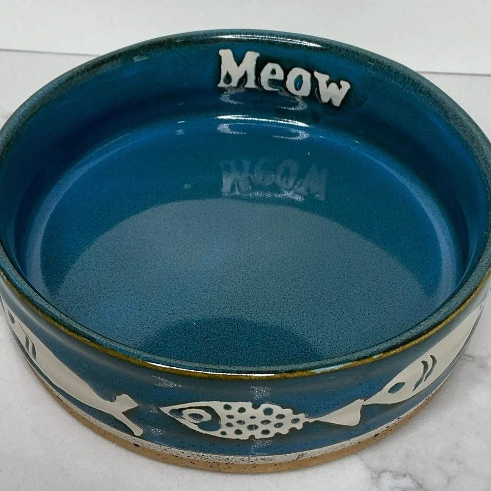 2 Spectrum Designs Pet Bowls Dishes Meow Ceramic Cat Faces 4.9 Dark Blue New